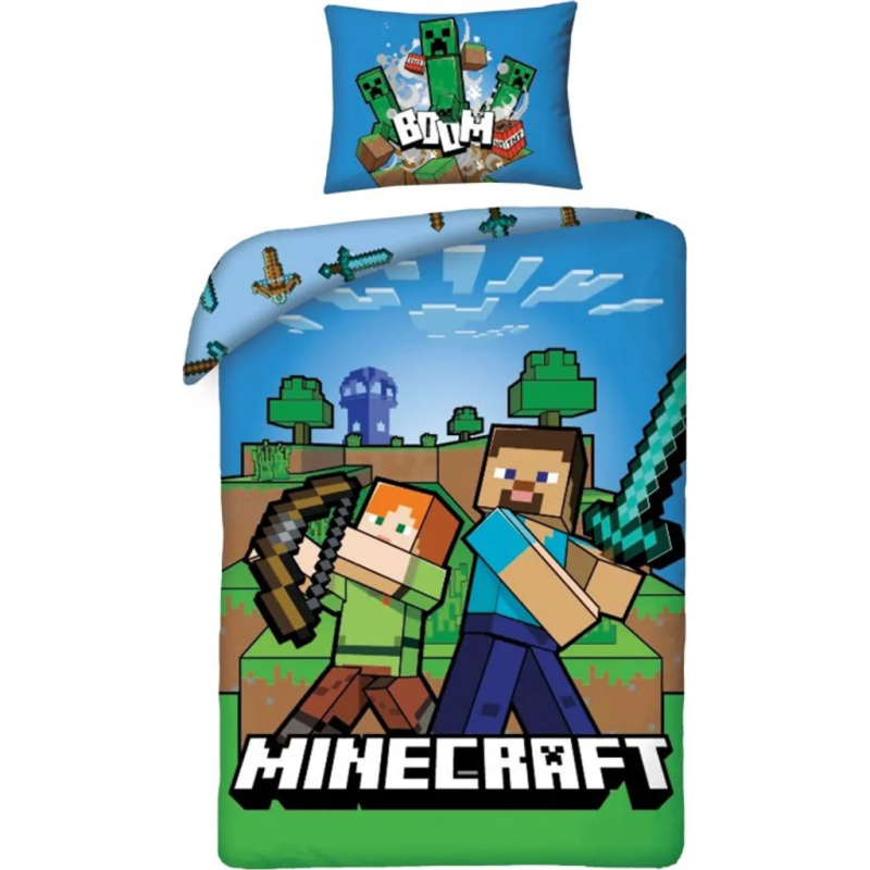 Parure de Lit Enfant Coton Minecraft Héros - Housse de Couette 140x200 cm Taie