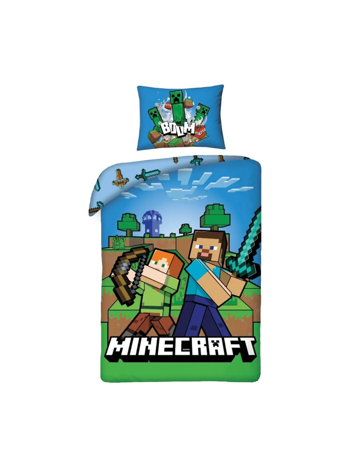 Parure de Lit Enfant Coton Minecraft Héros - Housse de Couette 140x200 cm Taie