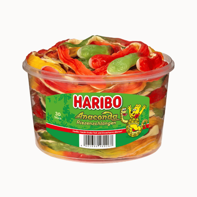 Bonbons Serpents Anaconda Géants Haribo 1200g - Boîte de 30 Pièces