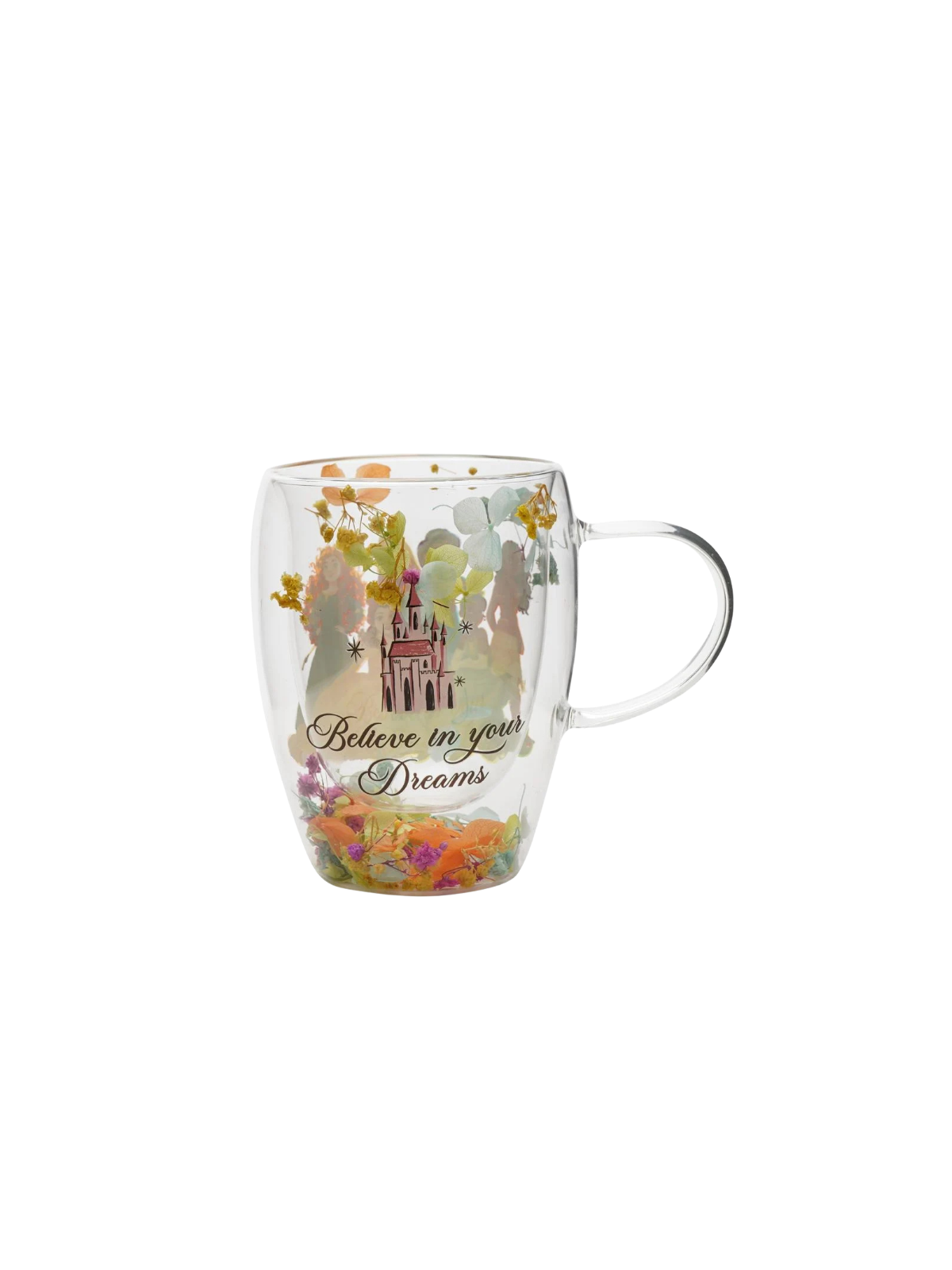 Verre avec fleurs sechées Princesses Disney